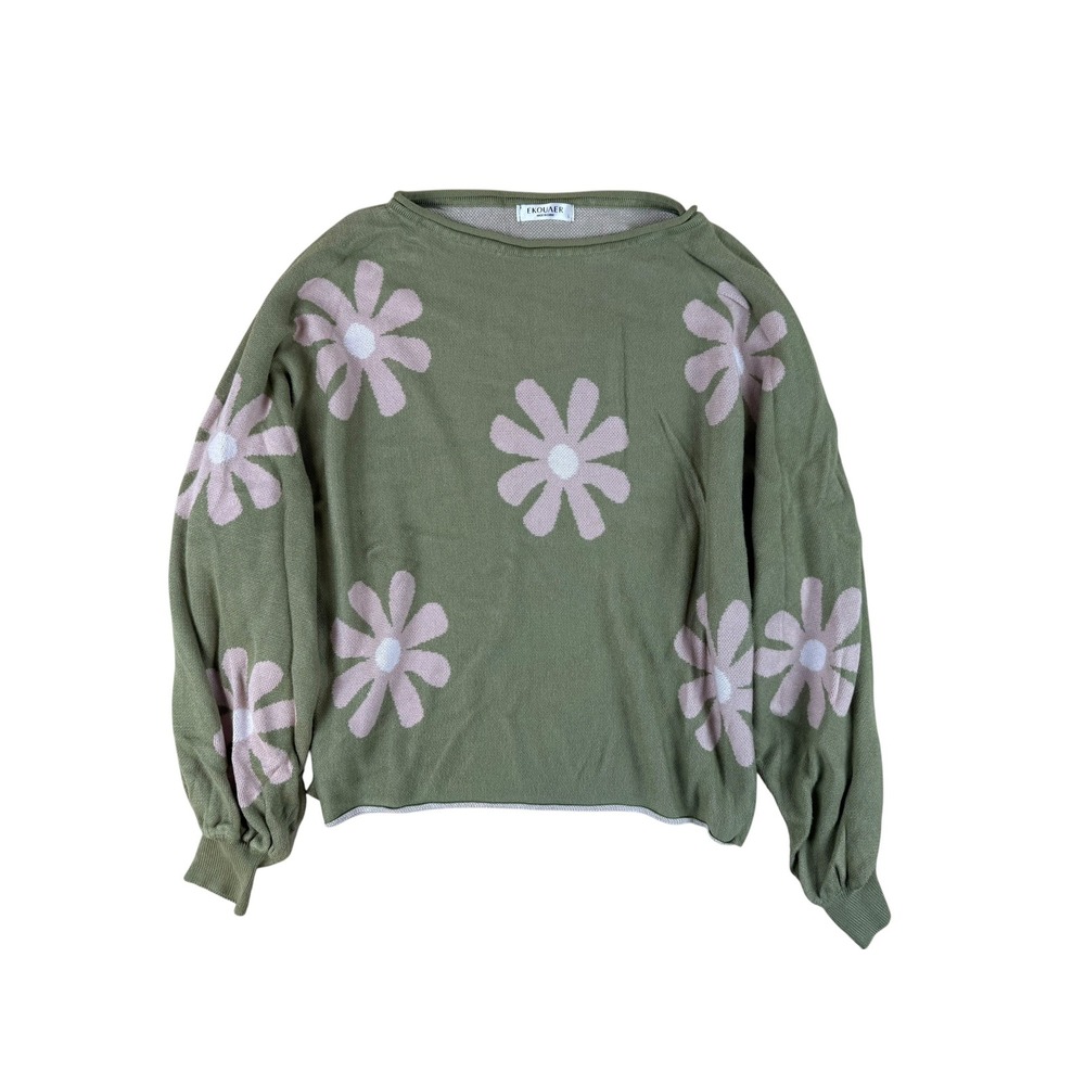 Ekouaer Large Sweater Retro Daisy Floral Rayon Knit Balloon Sleeve